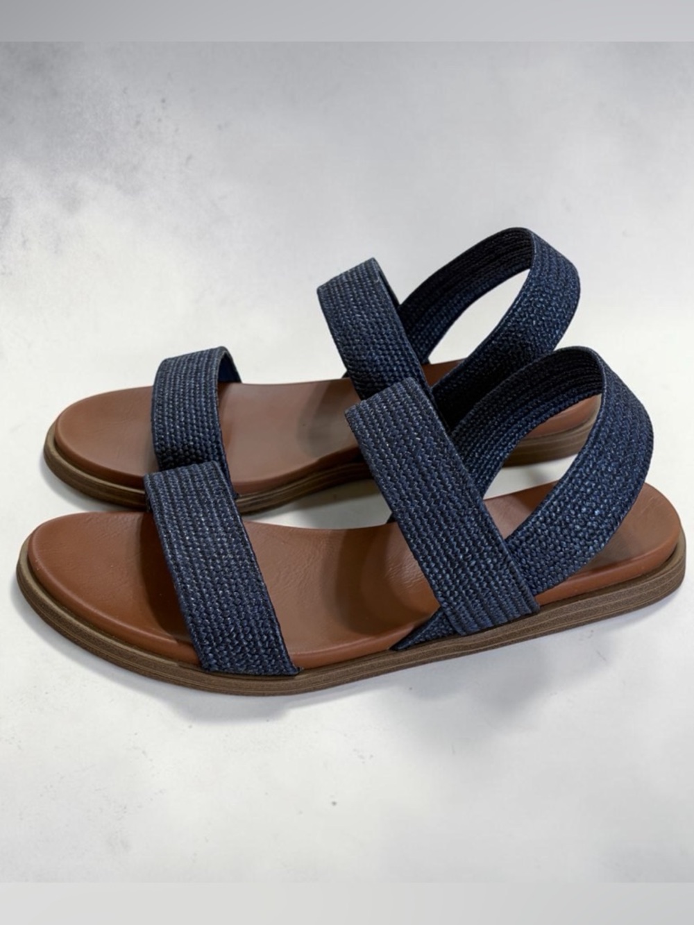 Lane Bryant Navy Woven Strap Slide Sandals with Tan Footbed Sz 8W
